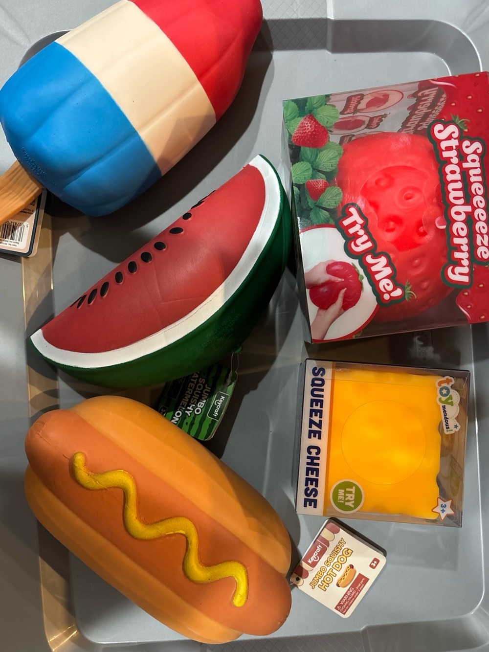 NEW! Squishy Lot Of 5! Hot Dog Watermelon Rocket Pop Strawberry Cheese. Viral!